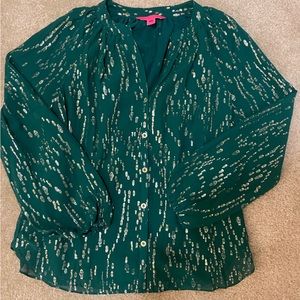 NWOT- Lilly Pulitzer- Saige long Sleeve Silk Top in Evergreen Fish Clip- Size S